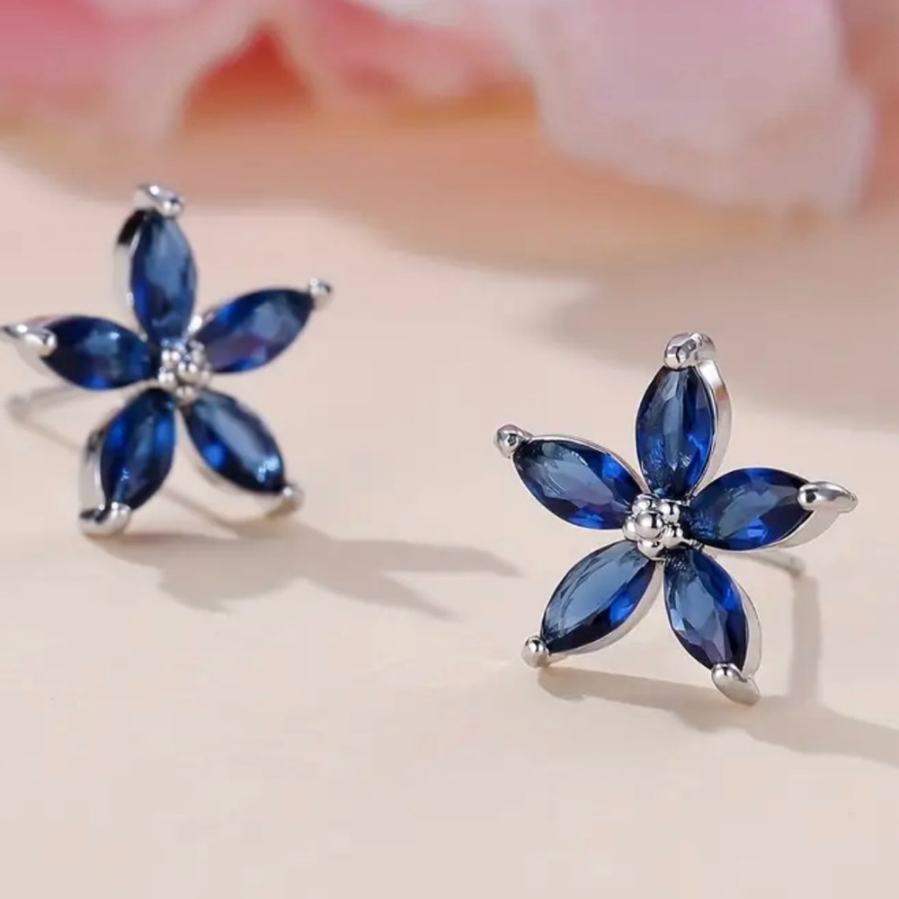 NWOT - Blue Cubic Zirconia and Silver-tone Flower Design Stud Earrings